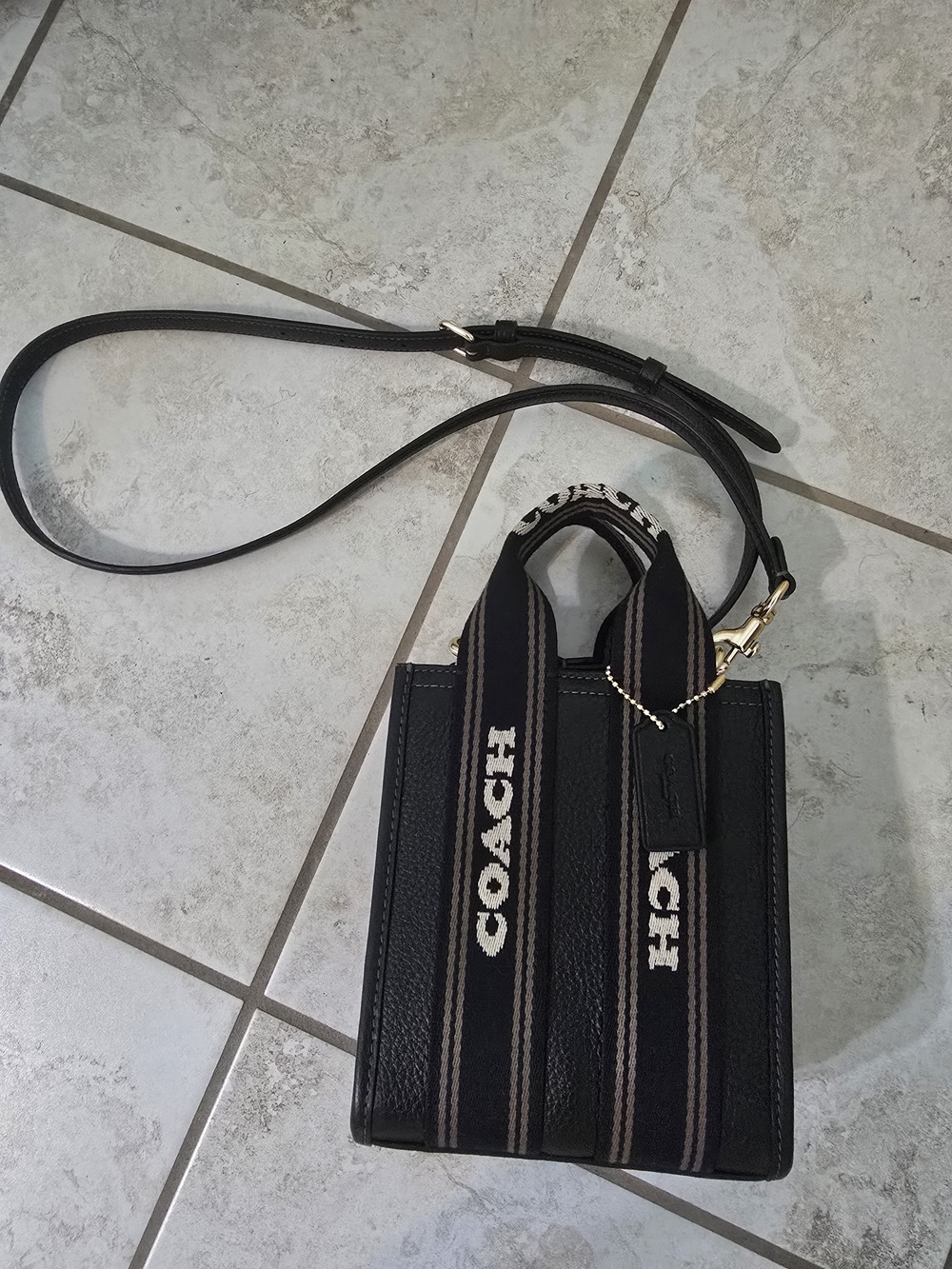 Coach Black Leather Mini Tote with Logo Webbing Straps - Picture 2 of 3